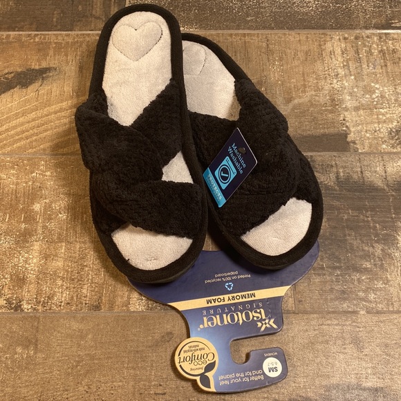 Isotoner signature memory foam machine washable terry knotted slippers black SM - Picture 4 of 4